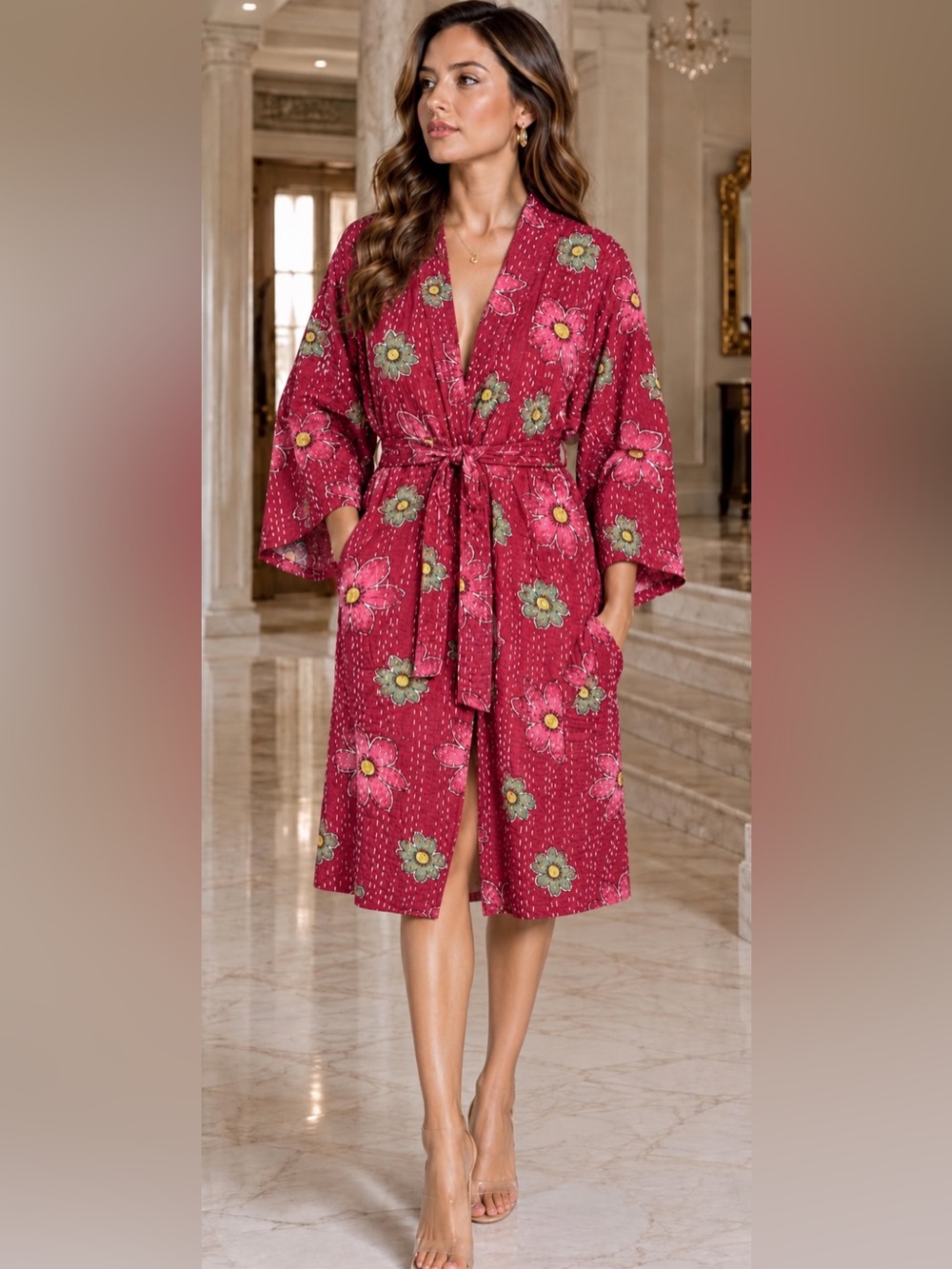 Women’s Kantha Quilt Robe Floral Cotton Kimono Belted Jacket Boho One Size